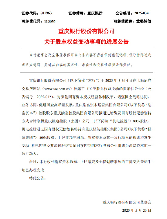 路易泽 重庆银行：股东权益变动相关工商变更登记手续完成
