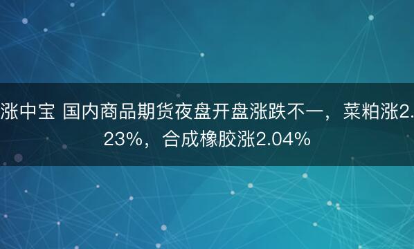 涨中宝 国内商品期货夜盘开盘涨跌不一，菜粕涨2.23%，合成橡胶涨2.04%